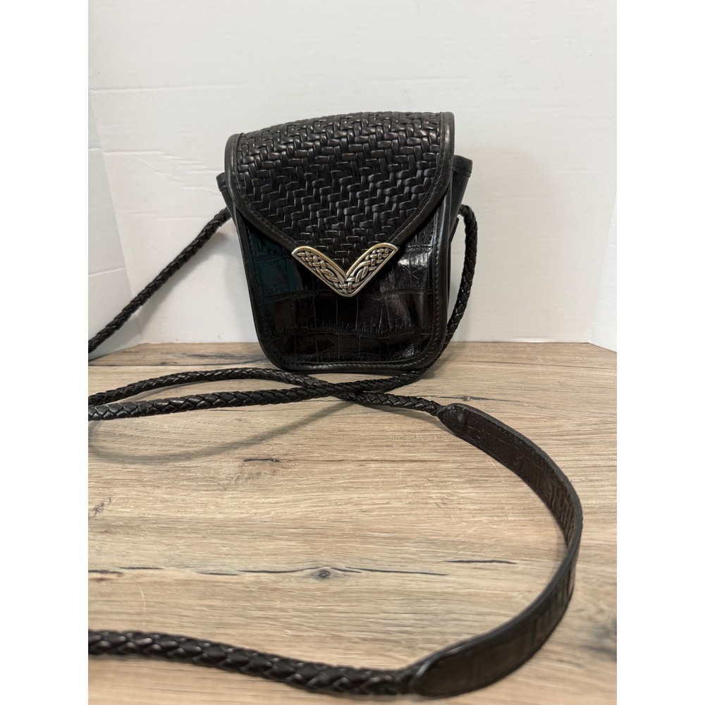 Brighton Black Woven Croc Embossed Leather Crossbody Bag Silver Heart Hardware